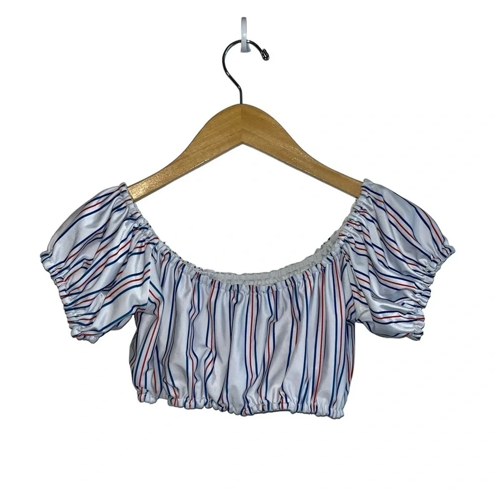 Lovers + Friends Red White Blue Striped Swim Top Size SM Ruffle Cap Sleeve Crop